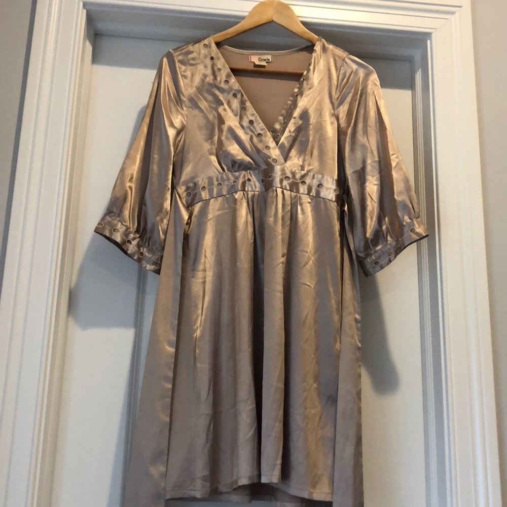 Gold flowy empire waist tie V neck dress